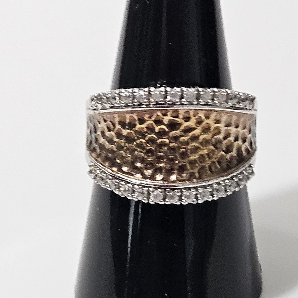Joseph Esposito ESPO Sterling Silver Goldtone Hammered CZ Ring Size 9